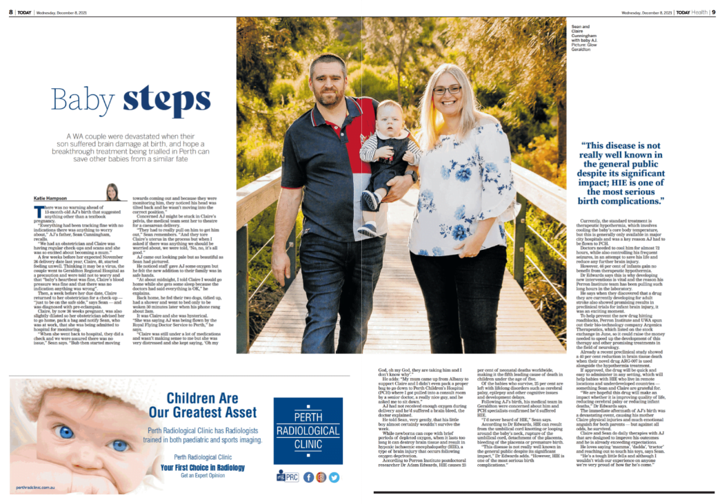 The West Australian newspaper Today Health and Medicine article about infant brain injury and stroke research