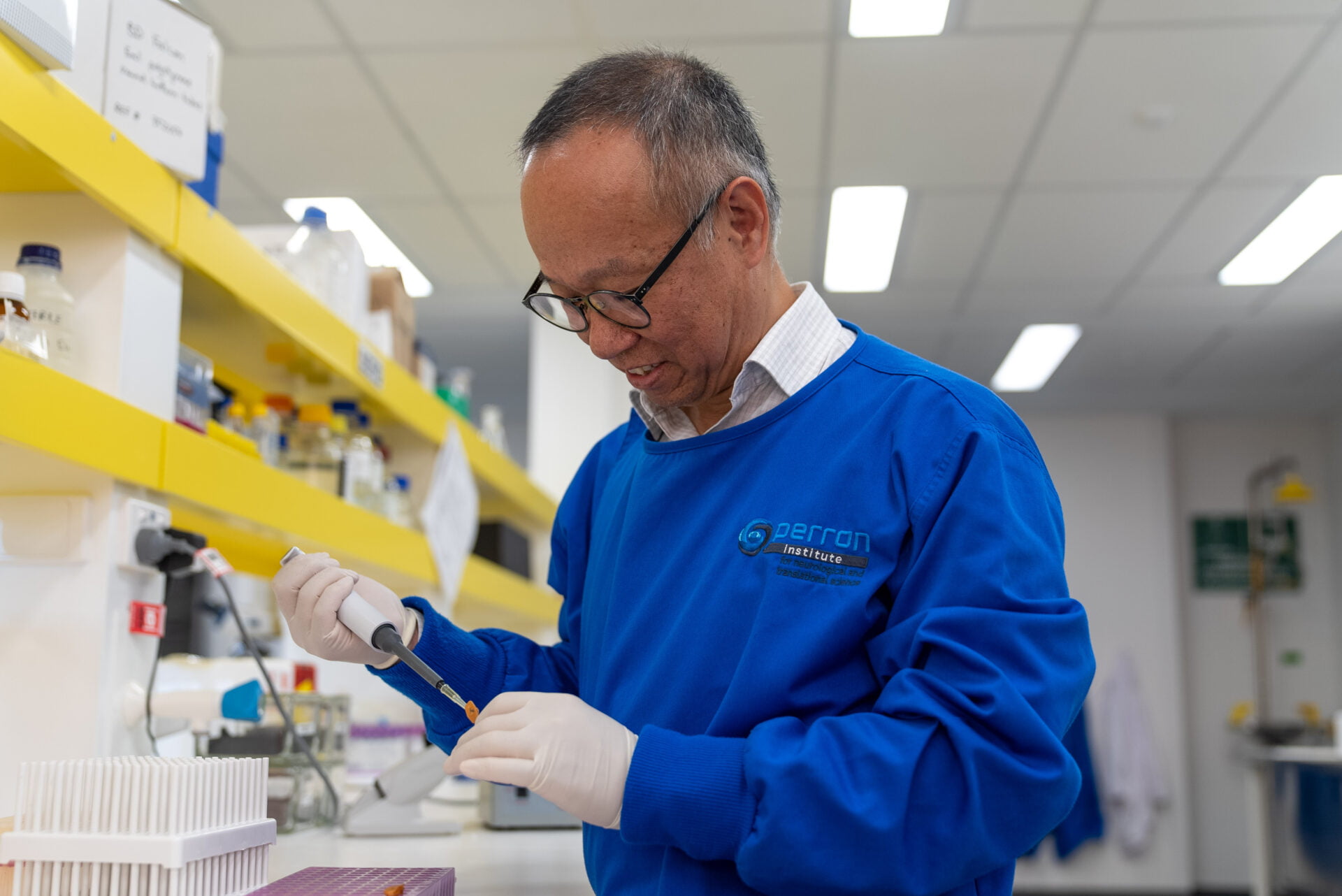 Prof Minghao Zheng in the Perron Institute lab IMAGE CREDIT UWA