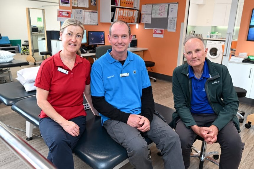 Peter Coghlan rises to another challenge to share his inspirational journey with others 3 Stroke Week visit 2026 L-R Tracy Beckwith Peter Coghlan and Dr David Blacker image credit JHC