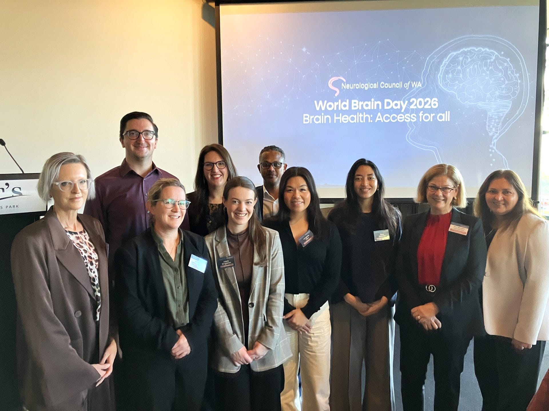 World Brain Day breakfast Perron Institute group photo with Prof Merrilee Needham Meredith Hammat MLA and NCWA CEO Etta Palumbo 22 July 2026